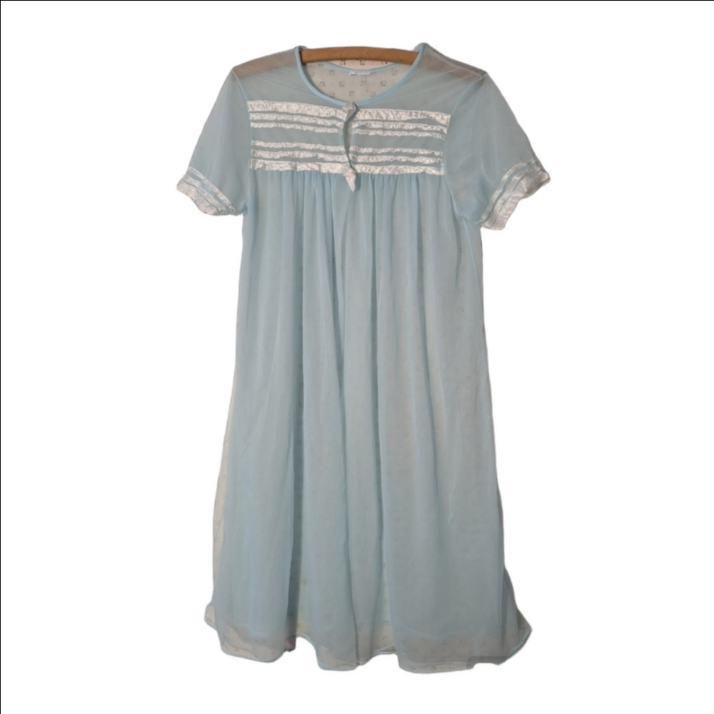💙 Vintage nightgown robe ribbon white Icy blue sheer fabric women's small S